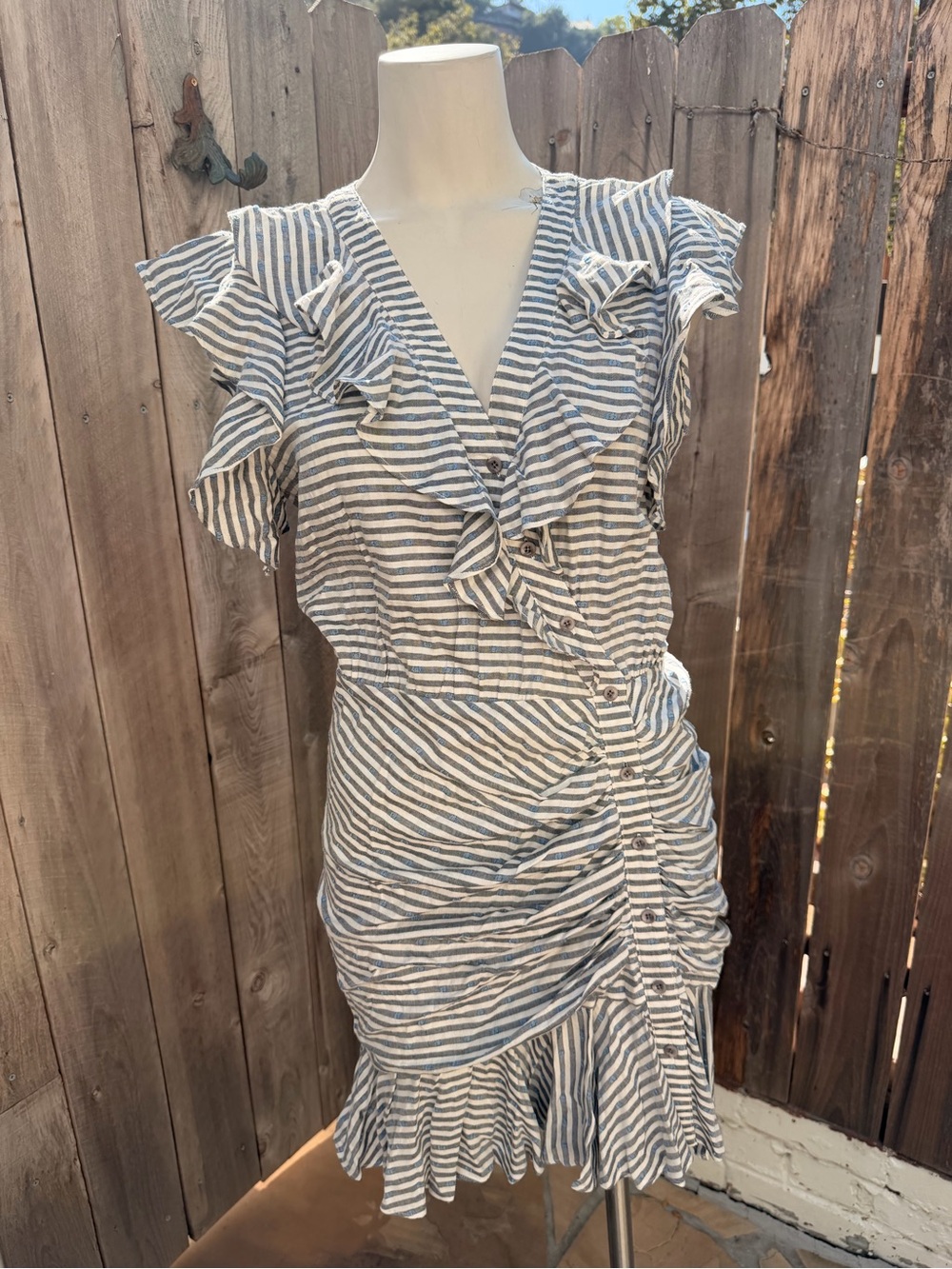 Veronica Beard Kai Striped Ruffle Button-Front Mini Dress in Blue & White - Picture 8 of 13